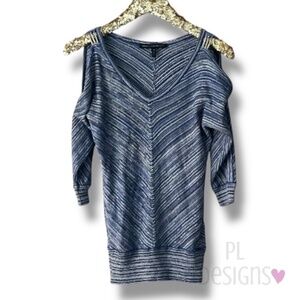 White House Black Market Chevron Blue & White Strip Cold Should Sweater Shimmer